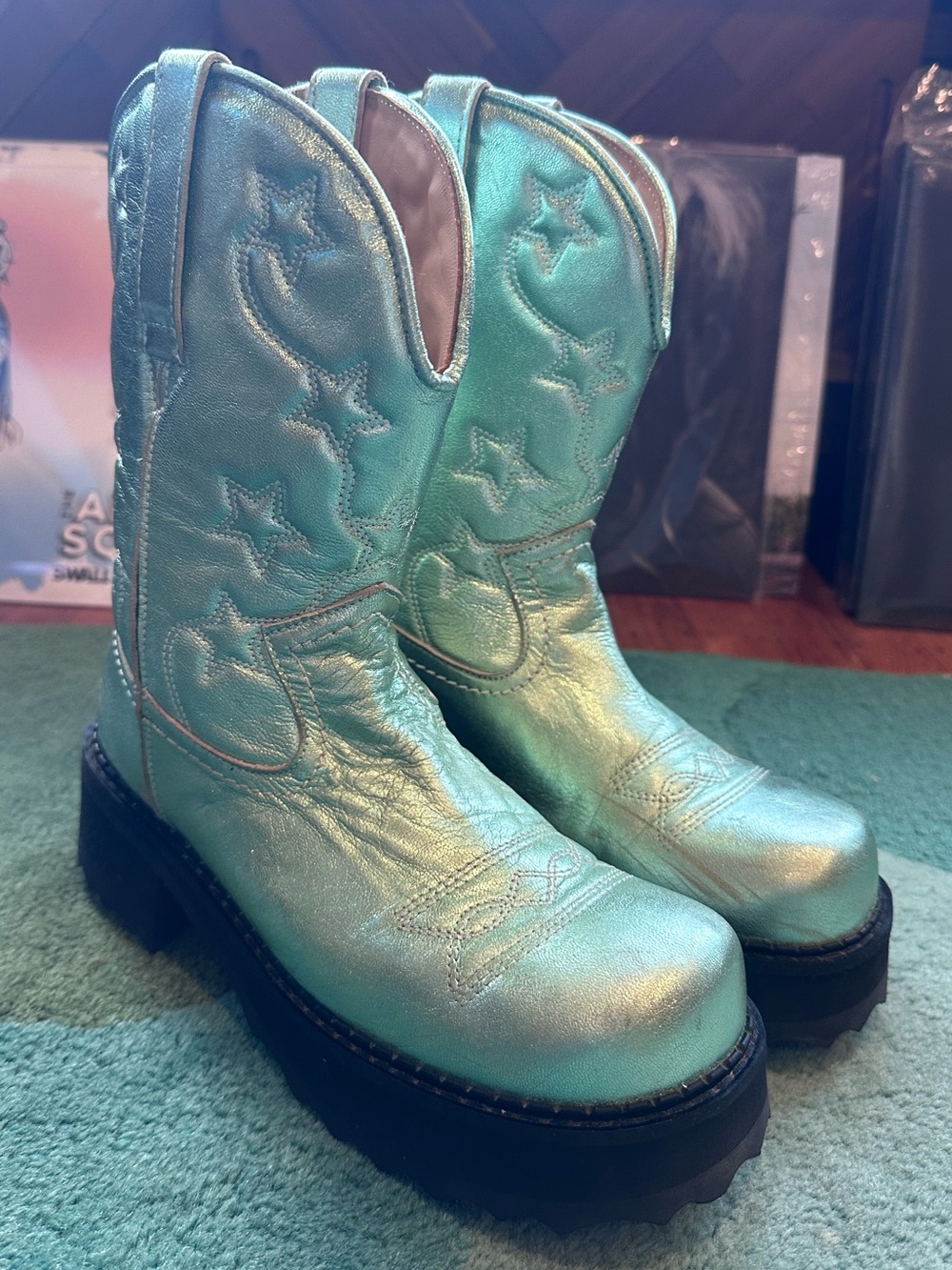 Fluevog EXCELLENT F-Shoe Hi Cowboy mint metallic platform star boot-9.5 (fit 9)